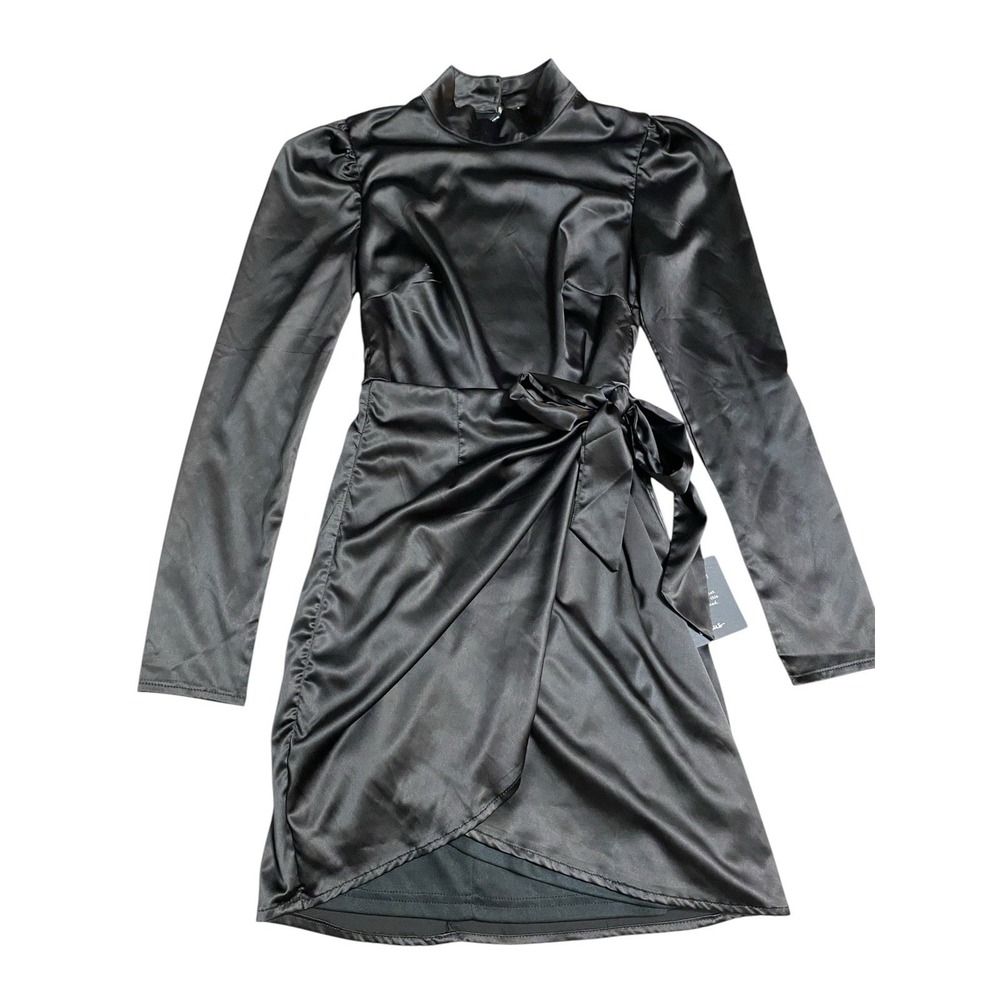Lulus XS Satin Wrap Mini Dress Black Mock Neck Puff Long Sleeve Belt NWT